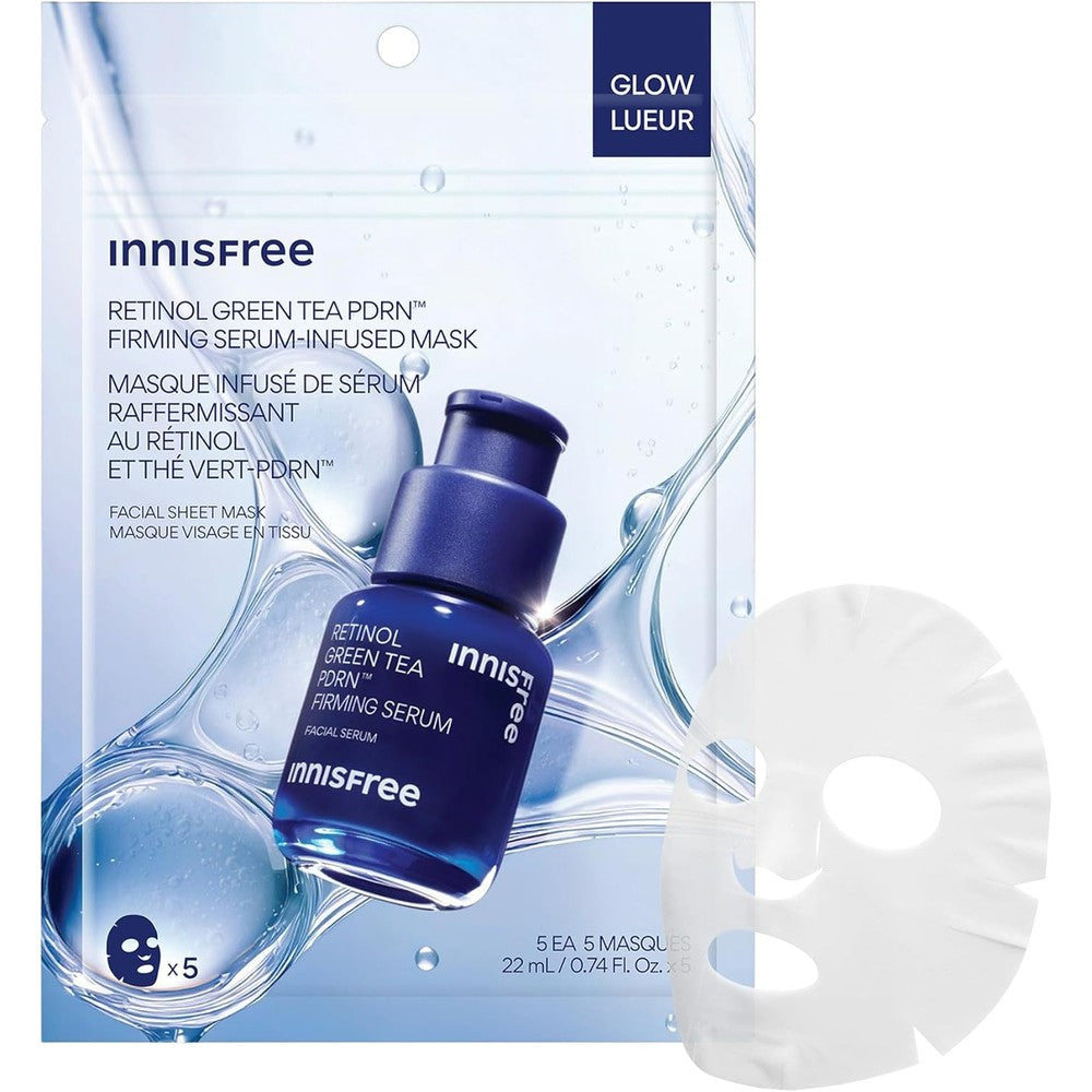 Innisfree Retinol Green Tea PDRN Serum Infused Mask 5 pack front view packaging for firming skincare