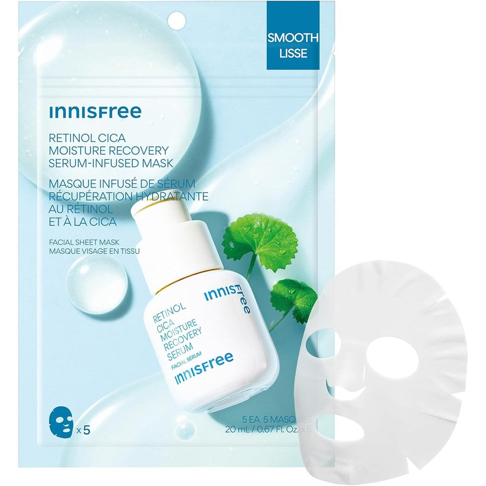 Innisfree Retinol Cica Recovery Sheet Mask five pack front view premium Korean skincare