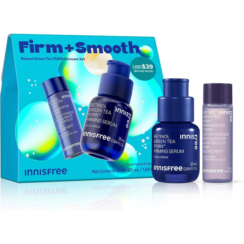 Innisfree Retinol Green Tea PDRN Skinbooster Ampoule Gift Set front view showing the serum and toner packaging.