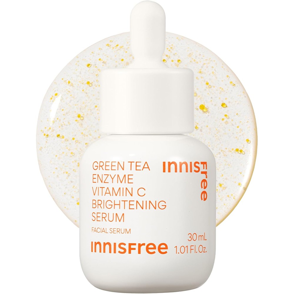 Innisfree Green Tea Enzyme Vitamin C Brightening Serum front view of the 30ml bottle for dark spot correction