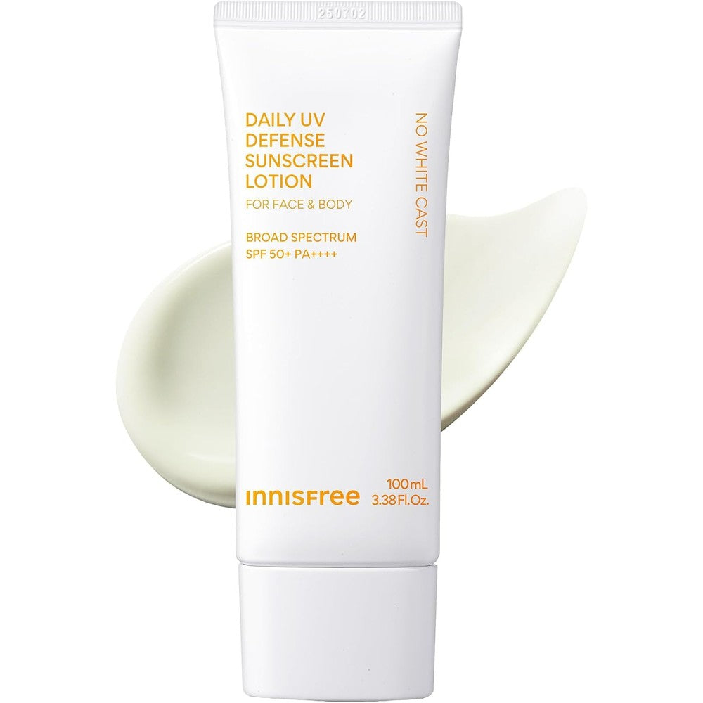 Innisfree Daily UV Defense Sunscreen 100ml front view bottle showing SPF 50+ PA++++ labeling