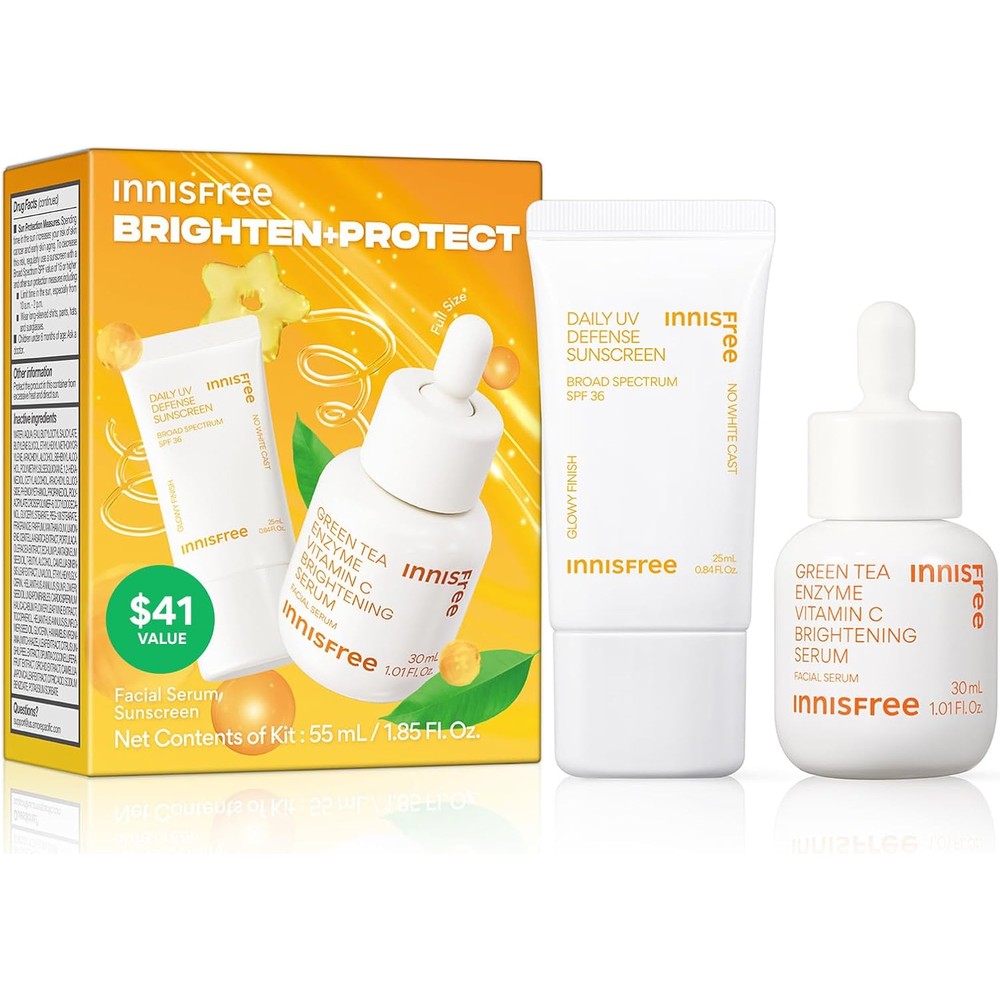 Innisfree Brighten and Protect Set front view showing sunscreen and vitamin c serum bottles