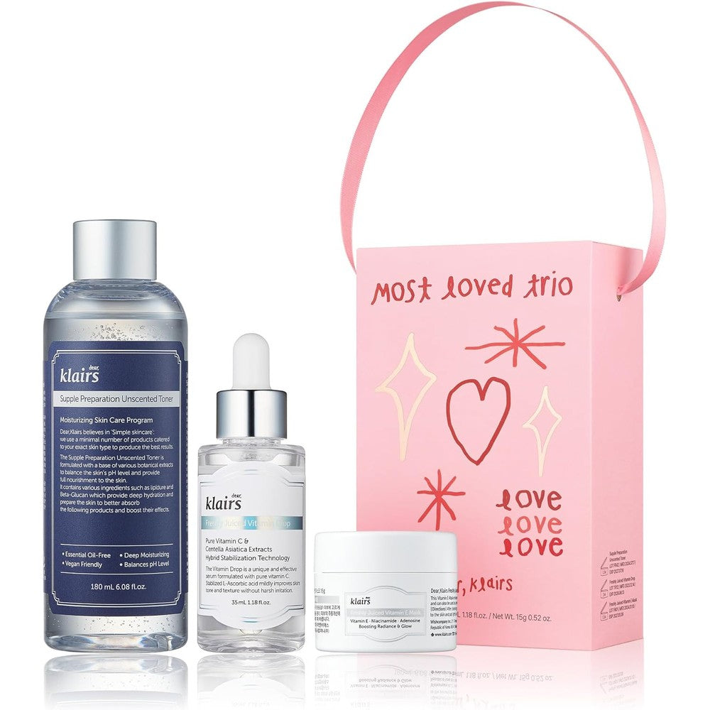 DearKlairs Most Loved Skincare Set front view with toner serum and mask