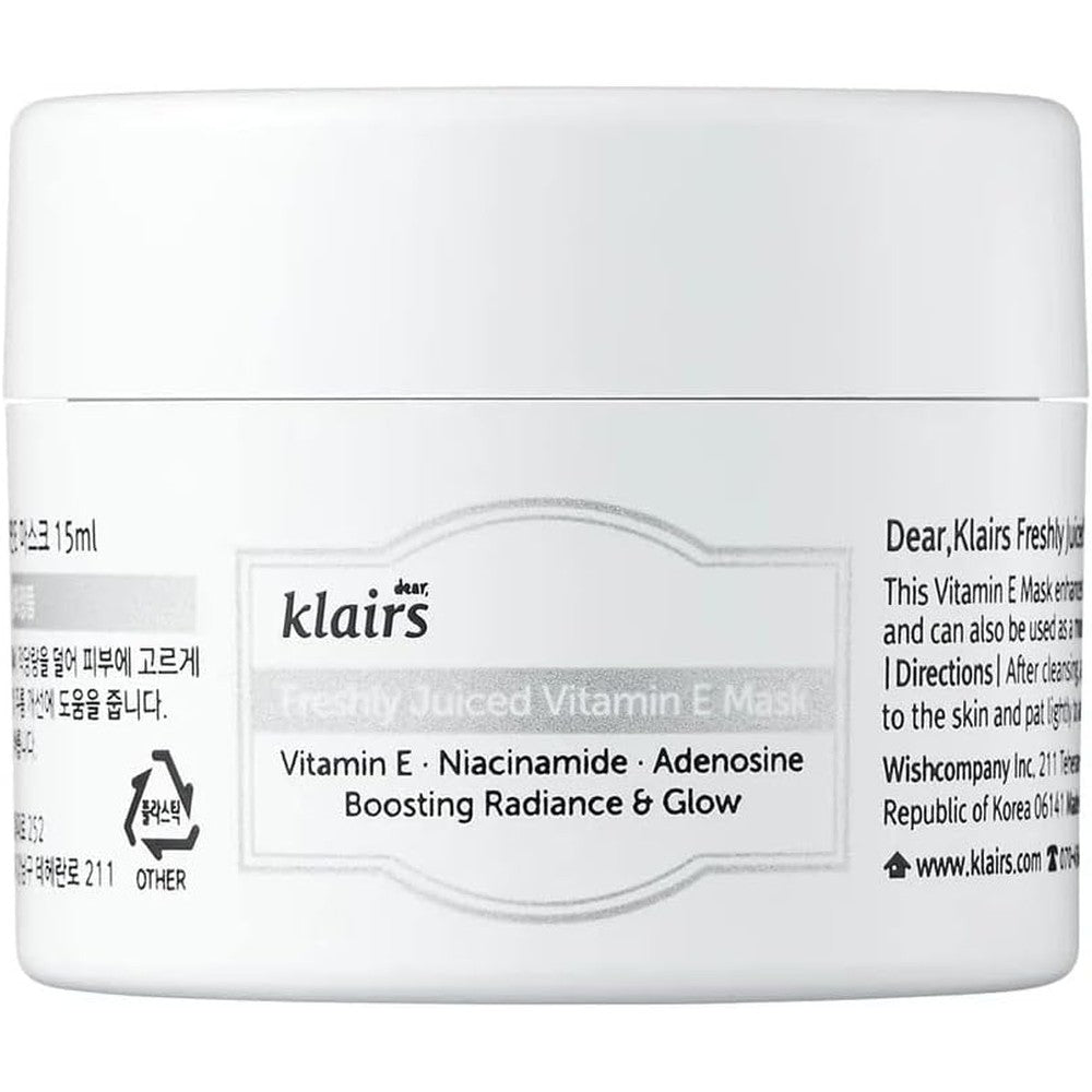 DearKlairs Freshly Juiced Vitamin E Mask 15ml front view jar on a clean white backdrop