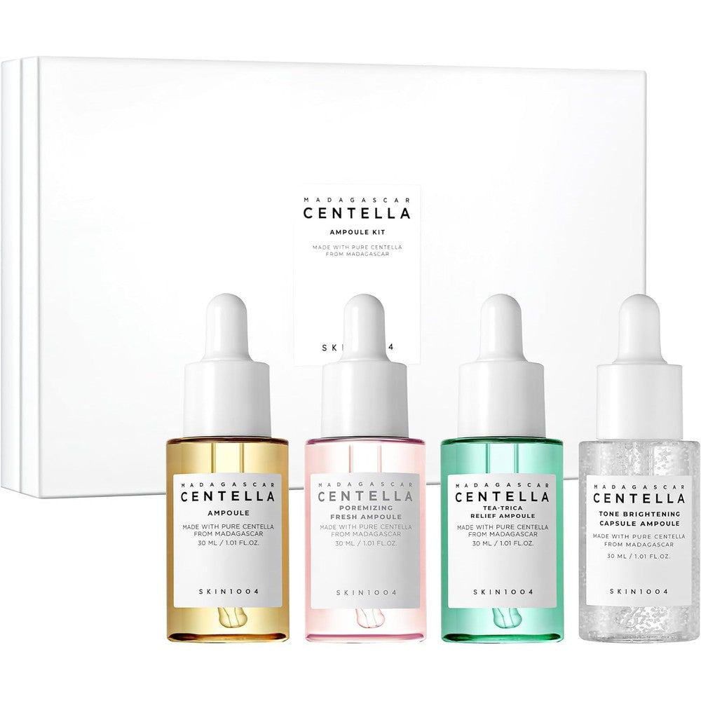 SKIN1004 Madagascar Centella Ampoule Kit front view showcasing four mini serum bottles