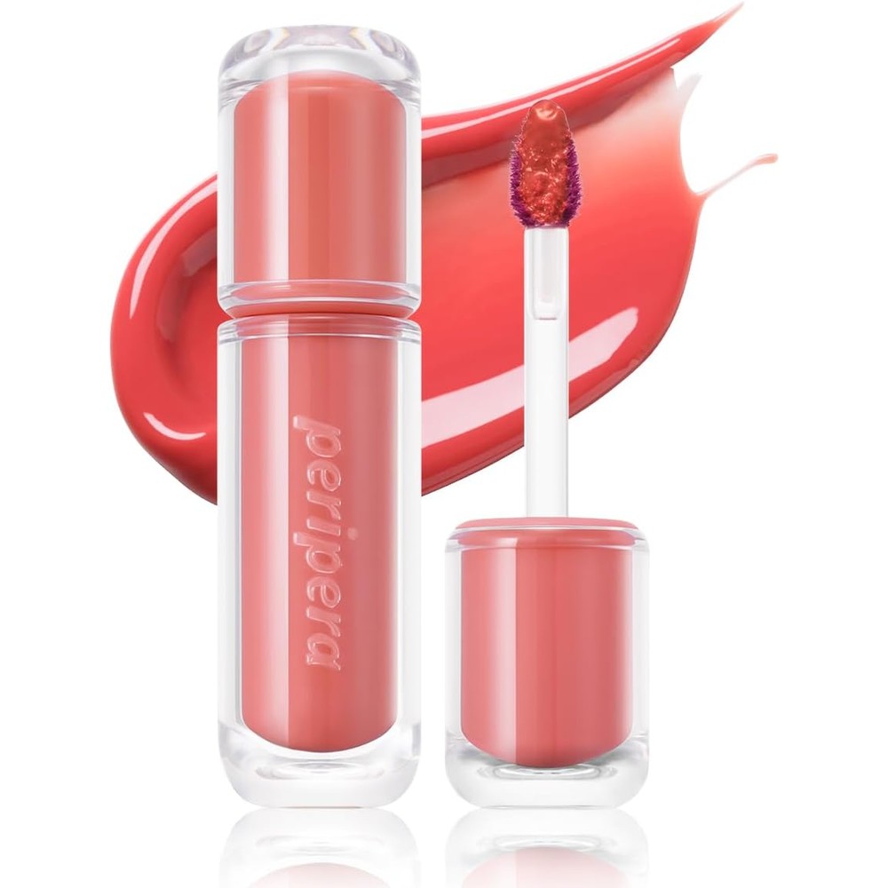 Peripera Mood Glowy Tint 18 Coral Influencer front view showing translucent packaging and precise applicator