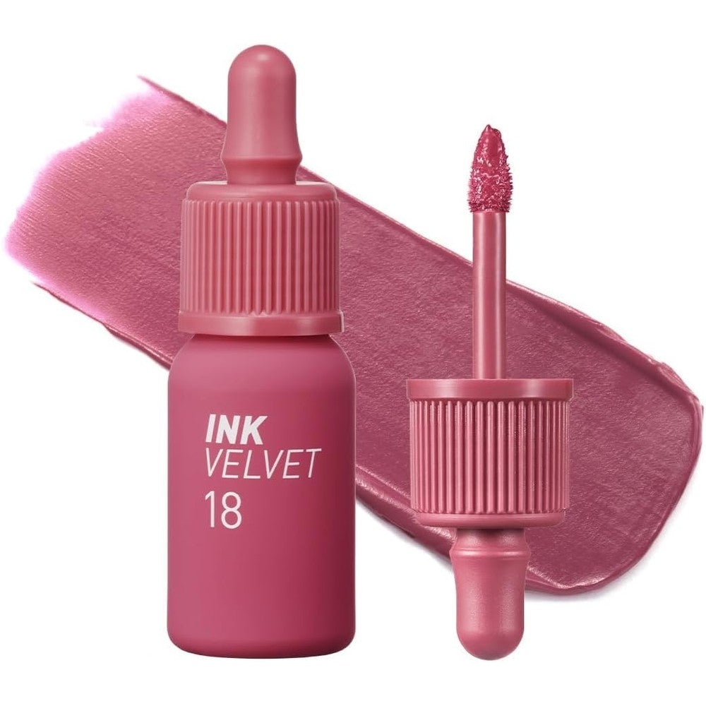 Peripera Ink the Velvet Lip Tint 018 Star Plum Pink front view of bottle with applicator showcasing the matte finish liquid formula.