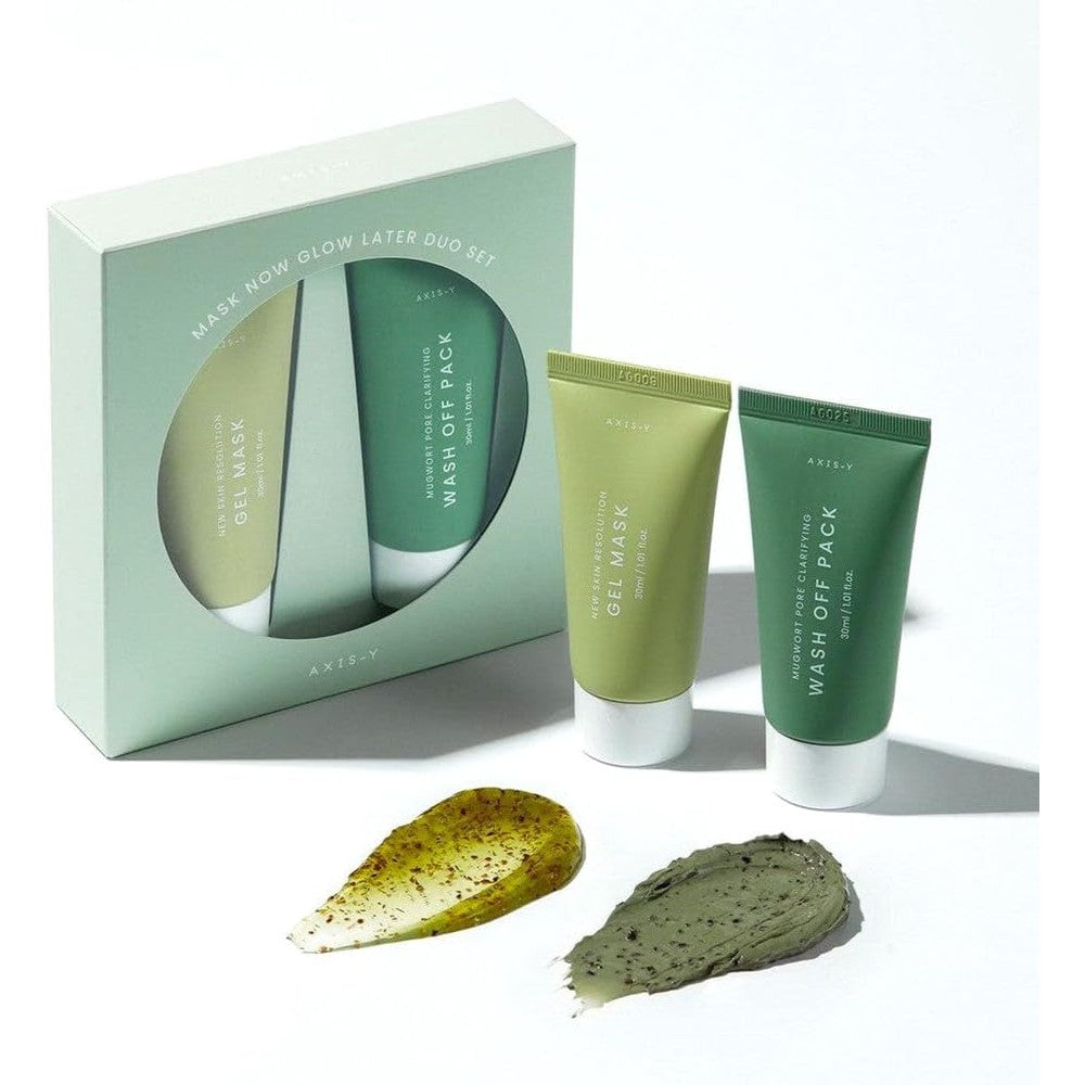 AXIS-Y Mask Now Glow Later Duo Set containing two jars of wash off face masks for clear and hydrated skin.