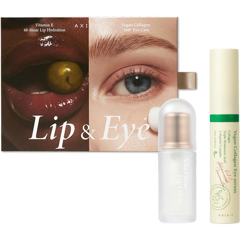 AXIS-Y Lip and Eye Skincare Set front packaging view featuring the eye serum and lip oil.