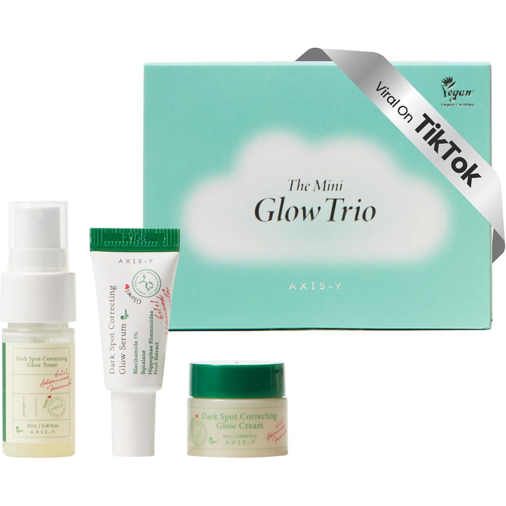 AXIS-Y The Mini Glow Trio Dark Spot Correcting Travel Size Set front packaging view highlighting brightening Korean skincare benefits.