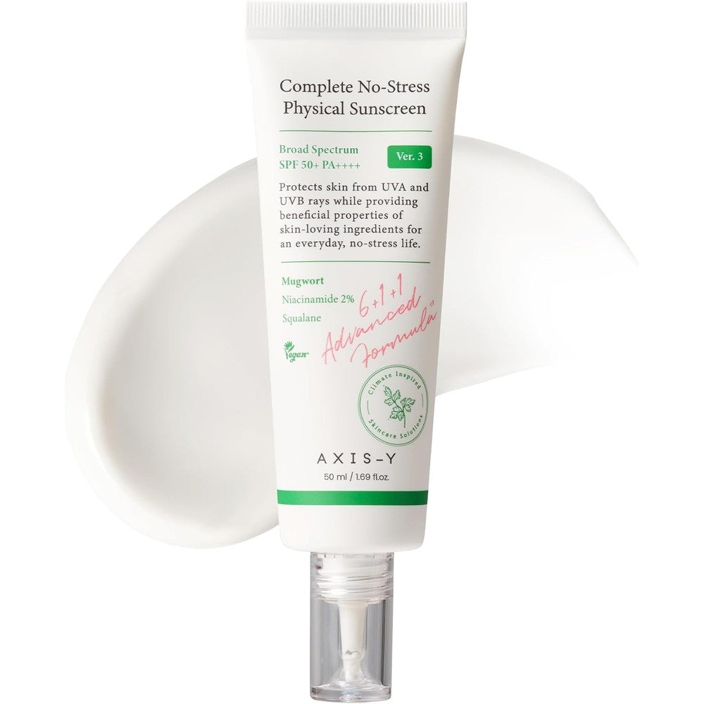 AXIS-Y Complete No-Stress Physical Sunscreen V3 front view bottle for mineral sun protection