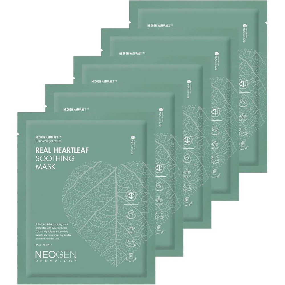 Neogen Dermalogy Real Heartleaf Soothing Mask five pack front view authentic hydrating K-beauty sheet mask