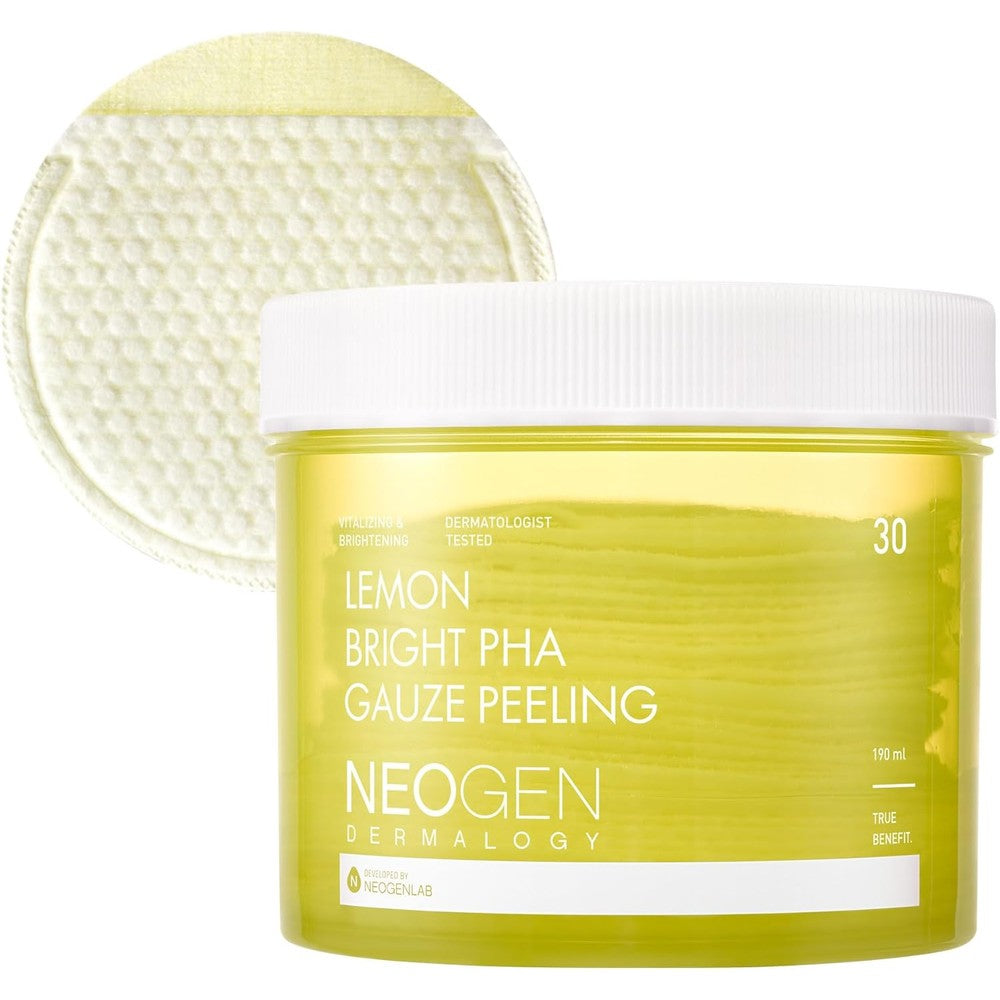 NEOGEN DERMALOGY Lemon Bright PHA Gauze Peeling Pads front view jar packaging for brightening Korean skincare.