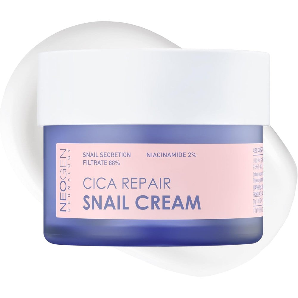 Neogen Dermalogy Cica Repair Snail Cream jar front view showing premium blue and white packaging for skin barrier repair