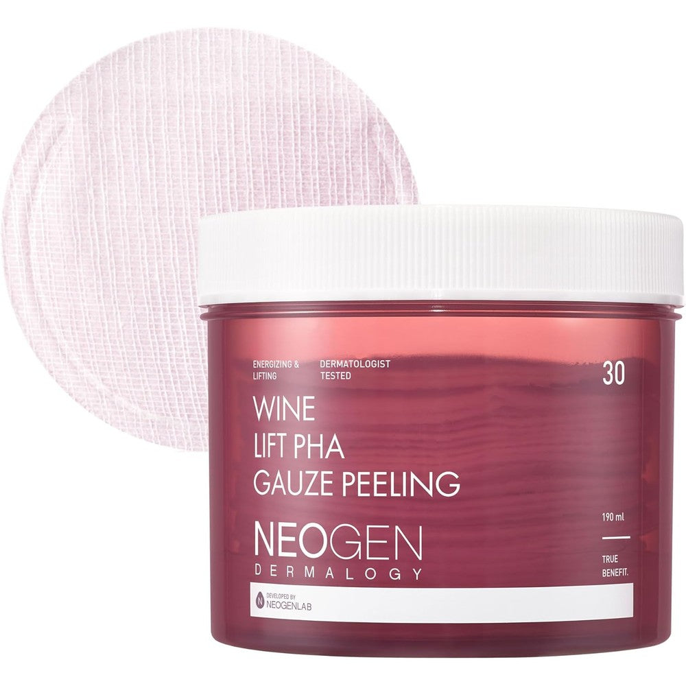 DERMALOGY by NEOGENLAB Wine Lift PHA Gauze Peeling Pads jar front view showing the product packaging.