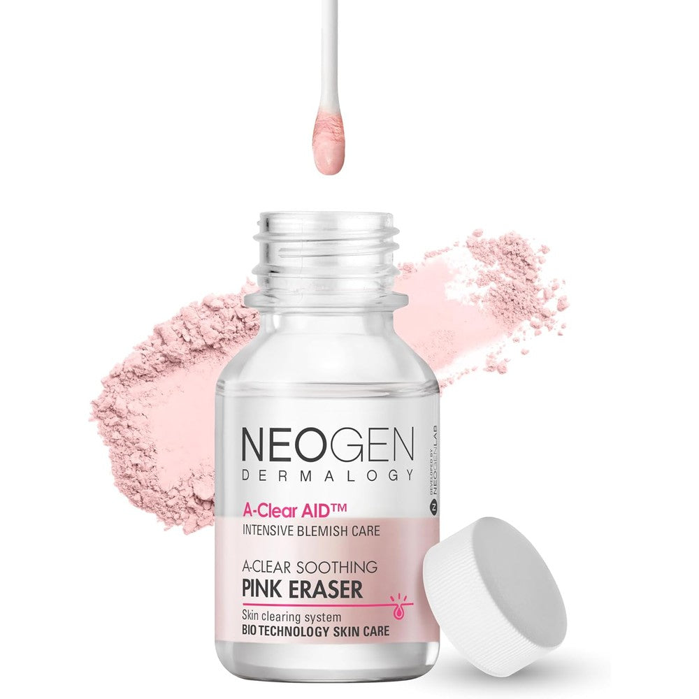 Neogen Dermalogy A-Clear Soothing Pink Eraser front view bottle showing the distinct two layers for acne spot treatment