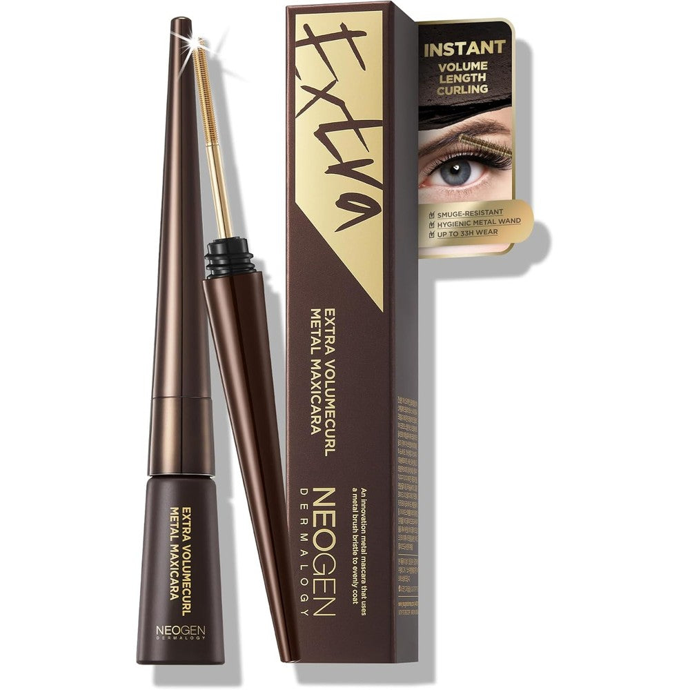 NEOGENLAB Neogen Dermalogy Extra Volume Curl Metal Mascara in Brown front view showcasing the premium gold-coated metal wand applicator.