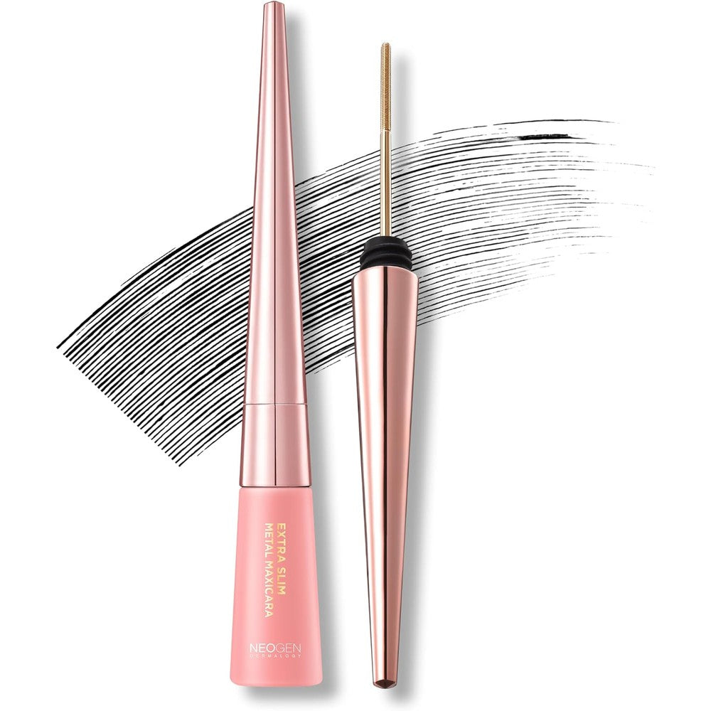 DERMALOGY by NEOGENLAB Extra Slim Metal Mascara front view showing the sleek black packaging and innovative metal wand brush.