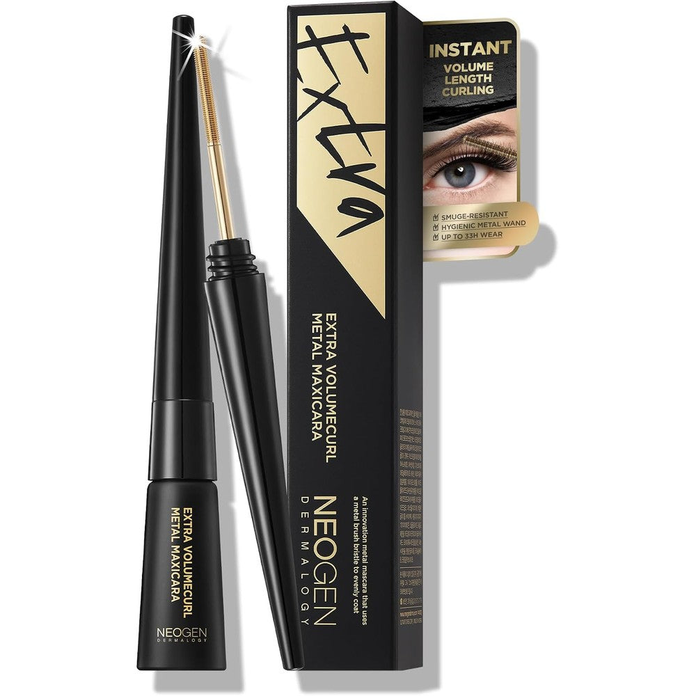 NEOGENLAB Dermalogy Extra Volume Curl Metal Mascara front view showing the sleek black packaging and innovative bristle-free applicator wand.