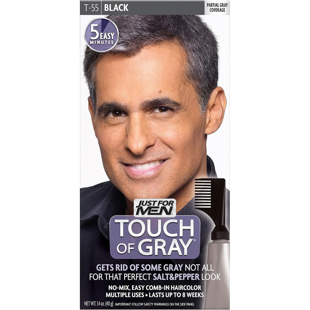 Just For Men Touch of Gray Black T-55 box package showing front view with comb applicator illustration.