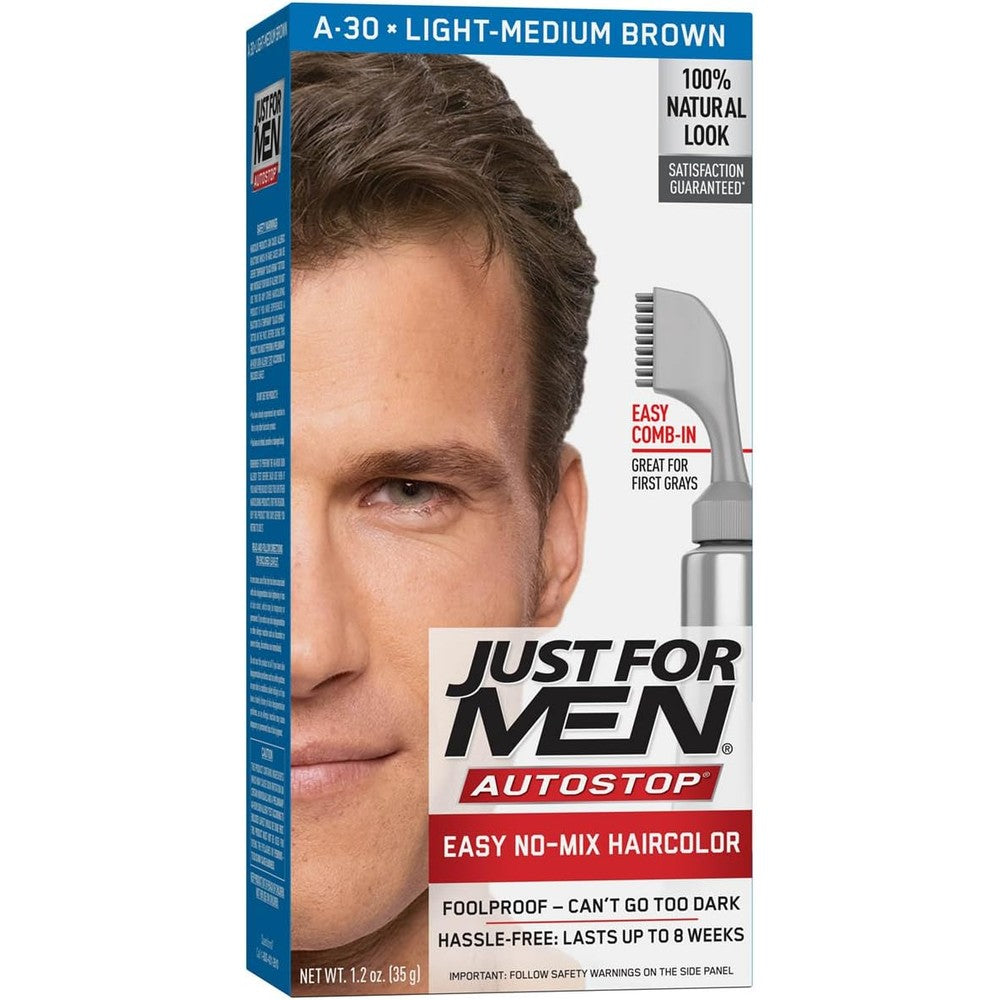 Just For Men AutoStop Hair Color Light Medium Brown front packaging displaying the easy comb-in applicator tool.