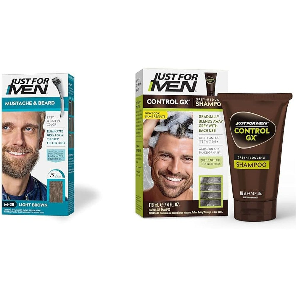 Just For Men beard dye and grey reducing shampoo packaging front view