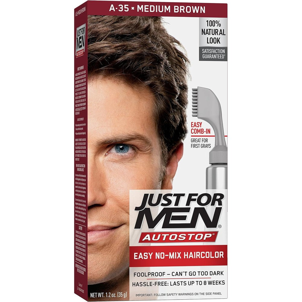 Just For Men AutoStop Medium Brown front view packaging highlighting easy comb-in applicator technology