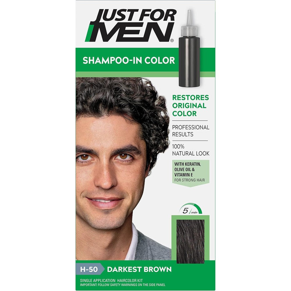 Just For Men Shampoo-In Haircolor Darkest Brown H-50 box packaging showing front view of the permanent men hair dye.