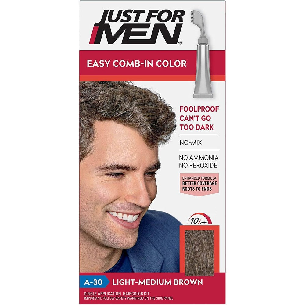 Just For Men Easy Comb In Color Light Medium Brown front view packaging for mens gray hair coverage.
