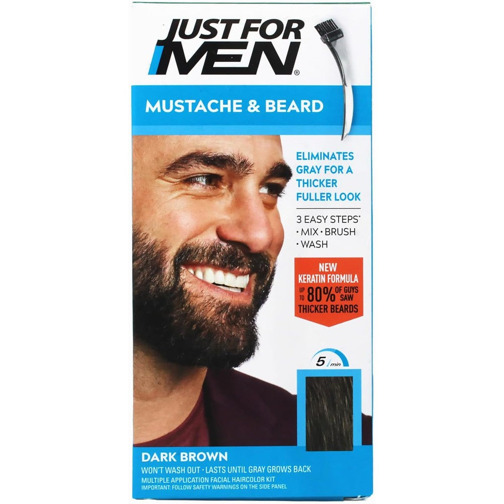 Just For Men Mustache and Beard Brush In Color Gel front packaging showing Dark Brown shade.