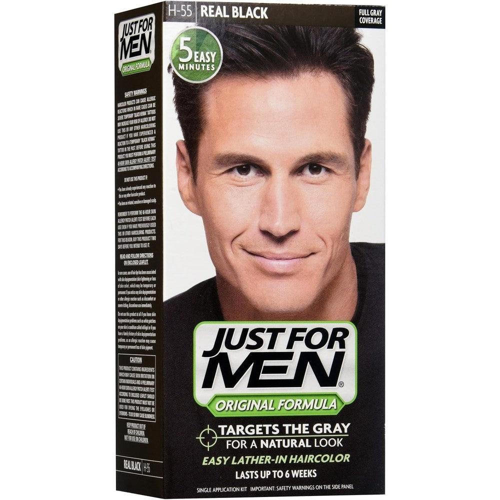 Just For Men Shampoo In Hair Color Real Black front view packaging showing hair color results.