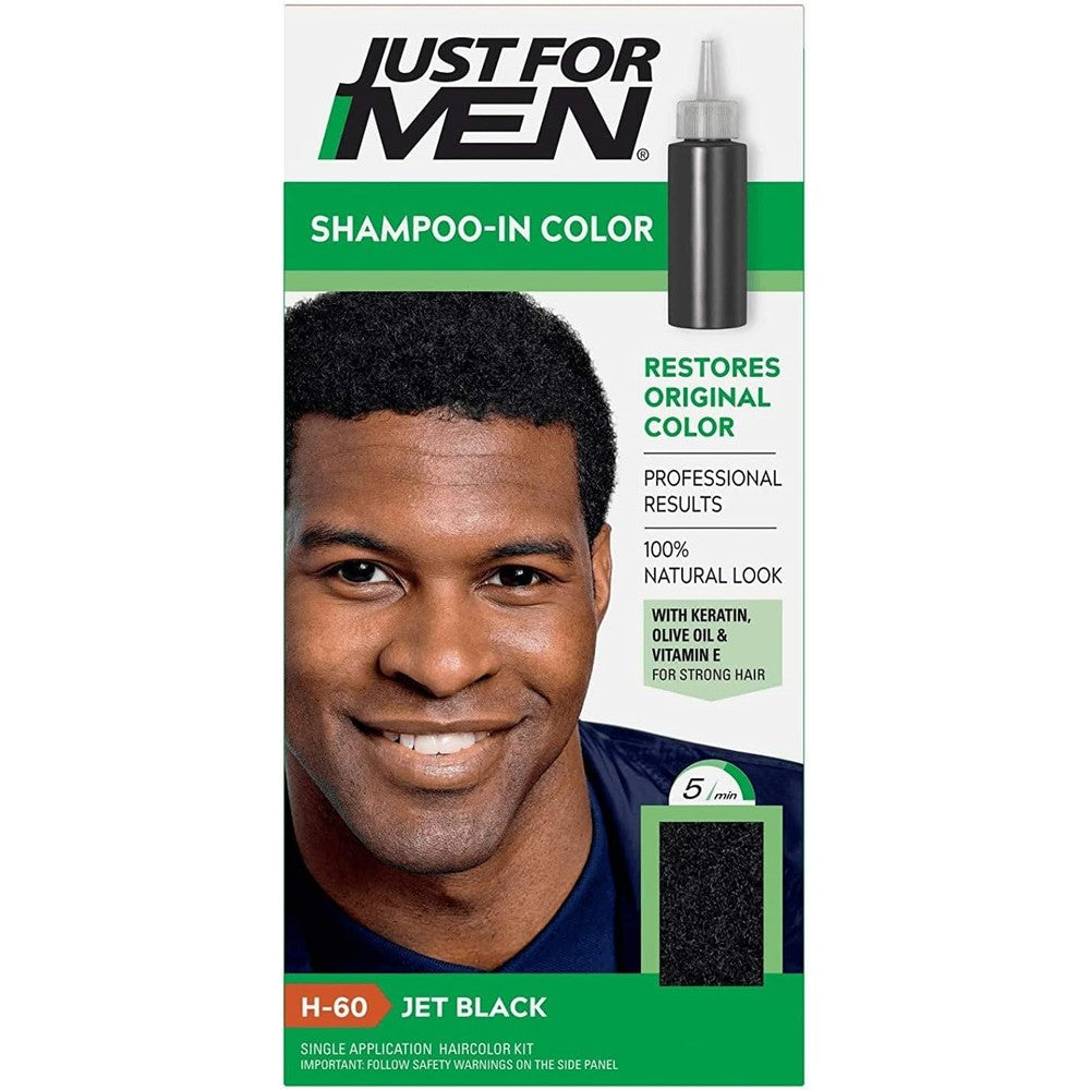 Just For Men Shampoo-In Hair Color Jet Black H-60 front view packaging for men gray coverage