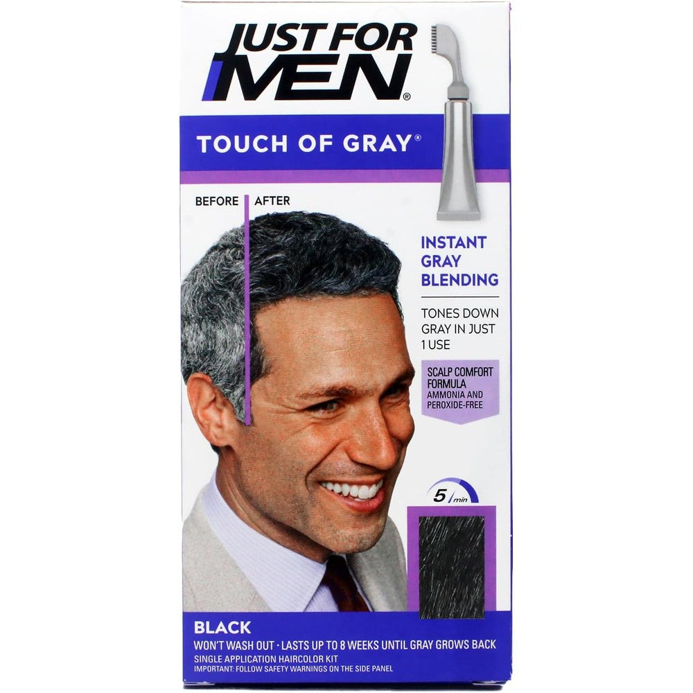 Just For Men Touch of Gray Dark Brown Black box front view showing the men hair color kit.