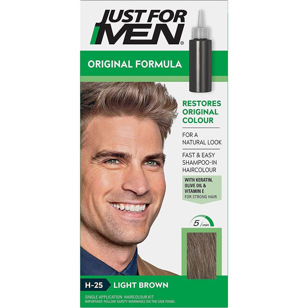 Just For Men Shampoo In Hair Colour Light Brown H25 Three Pack front view authentic imported male grooming solution