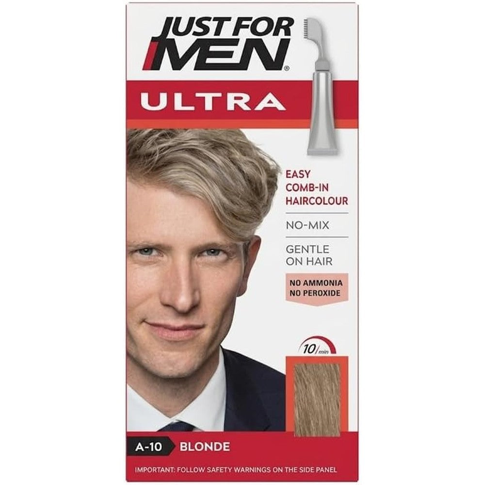 Just For Men Easy Comb-In Color Sandy Blonde A10 front view box packaging showing applicator comb.