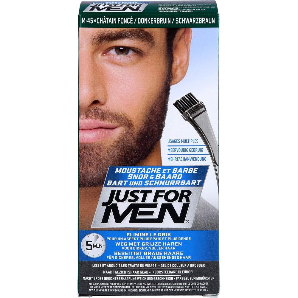 Just For Men Mustache and Beard Dark Brown M45 front packaging showing brush in gel box view