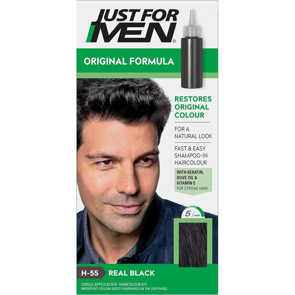 Just For Men Original Formula Real Black H55 hair color front packaging for gray coverage
