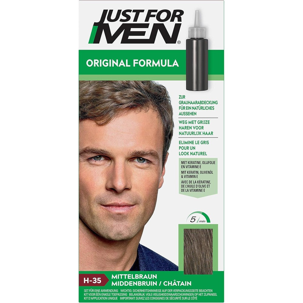 Just For Men Medium Brown H35 Original Formula hair color box front view showing gray coverage results.
