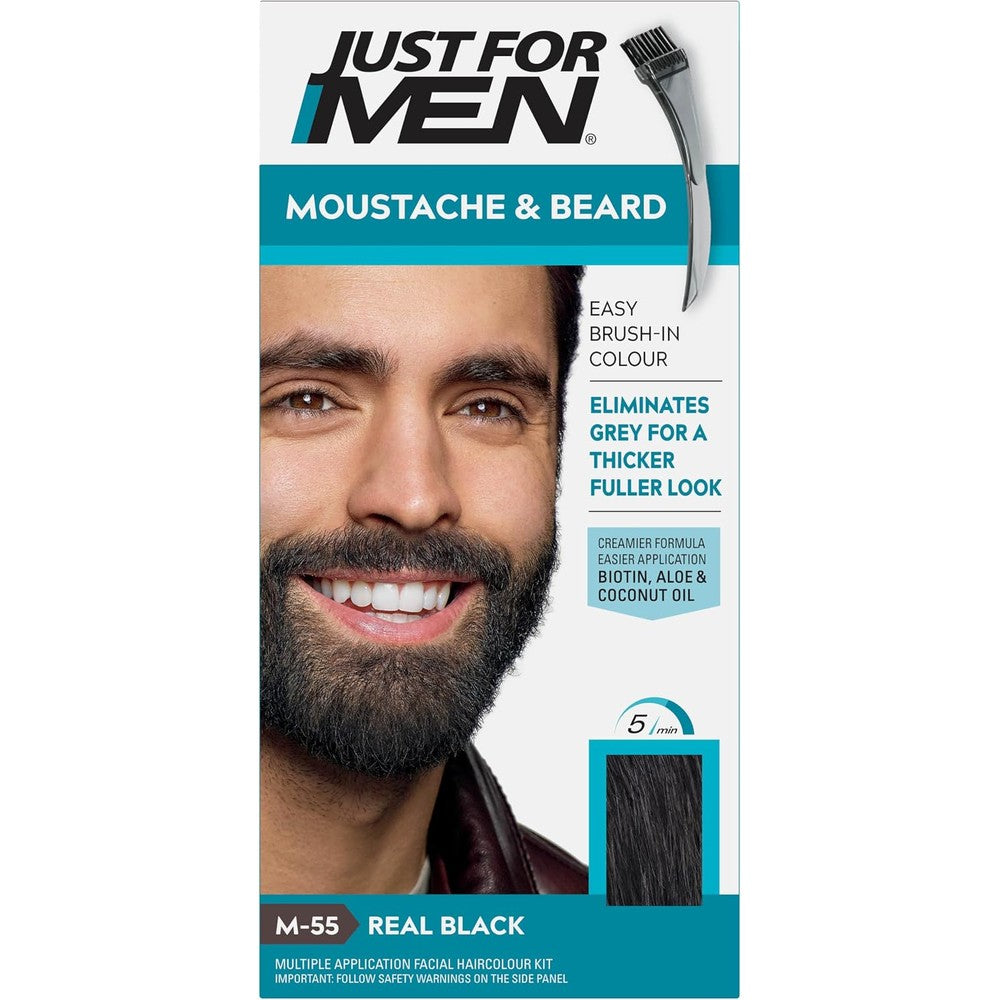 Just For Men Mustache And Beard Color Gel Real Black M-55, 1 Count, Ammonia-Free Facial Hair Dye For Gray Coverage