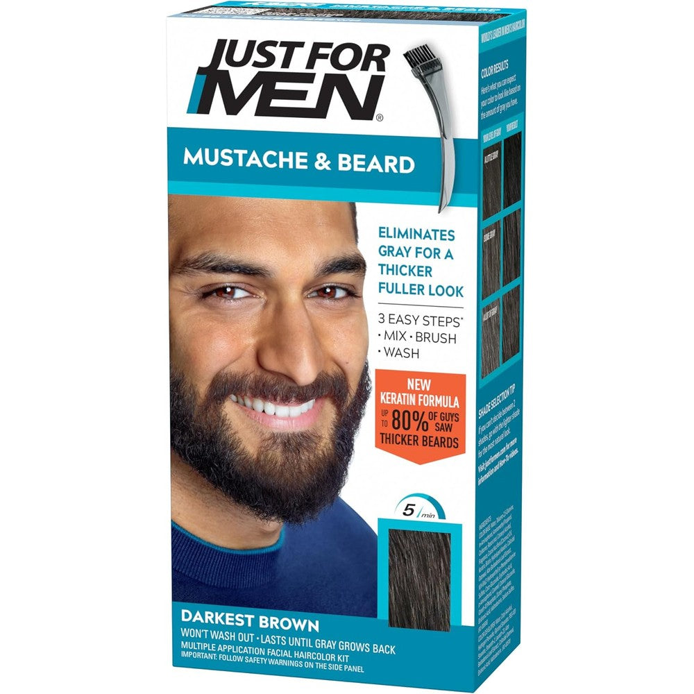 Just For Men Mustache and Beard Darkest Brown M-50 box front view showing permanent beard color