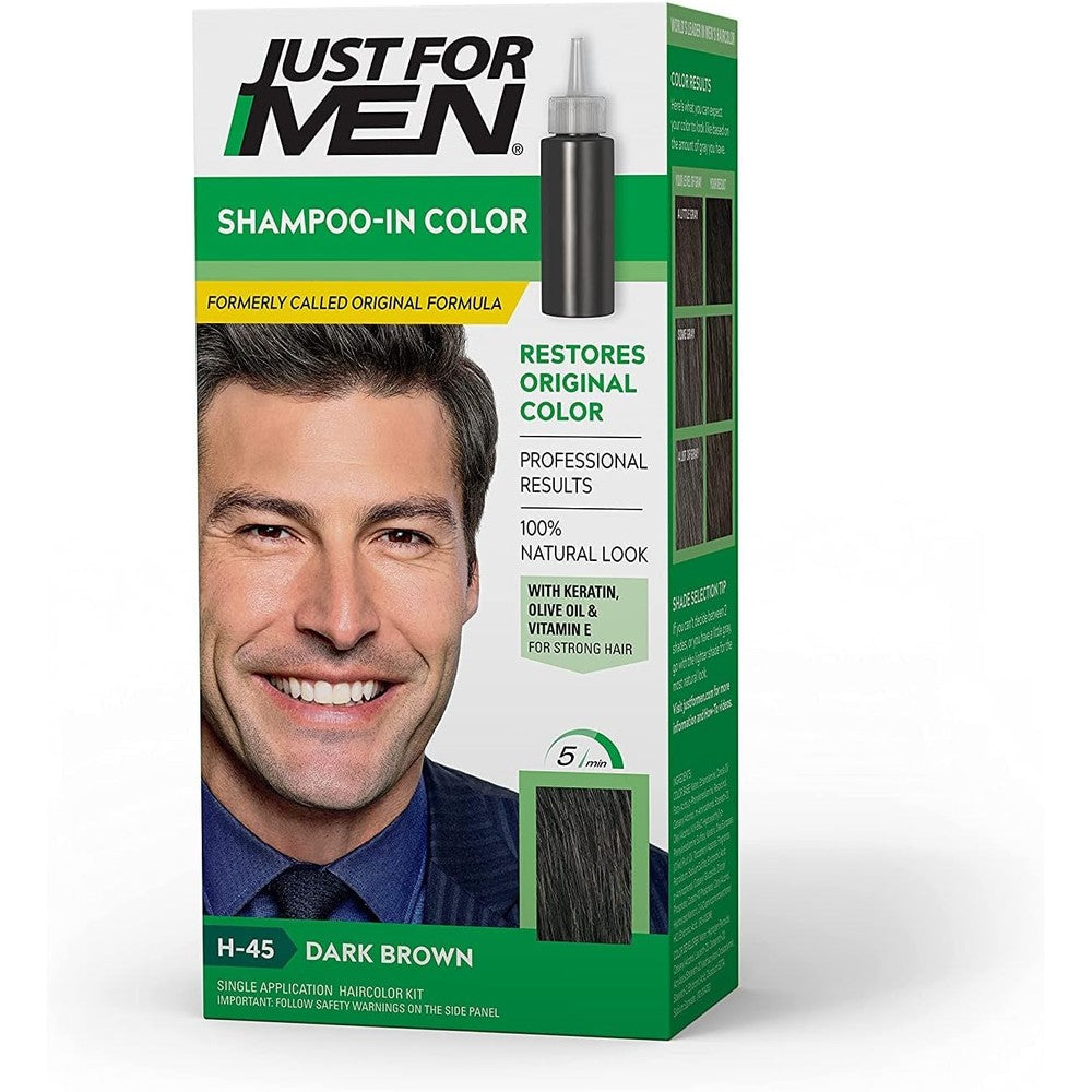 Just For Men Shampoo-In Hair Color Dark Brown Number Forty Five front packaging view
