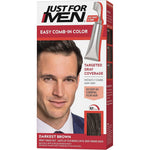 Just For Men Easy Comb In Color Darkest Brown front view packaging for authentic mens hair dye kit.