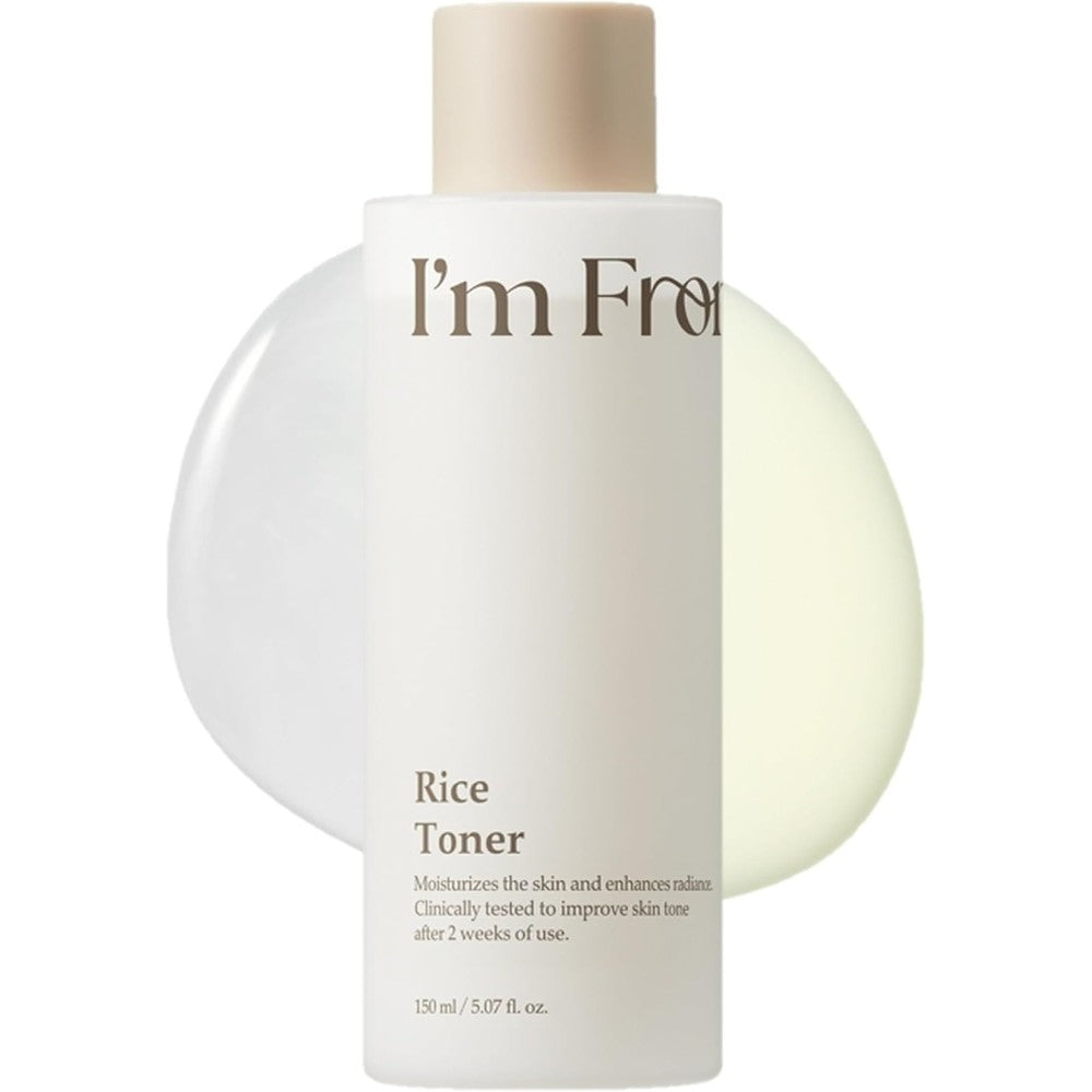 I'm From Rice Toner front view bottle showcasing the milky liquid formula for Korean glass skin skincare routine.