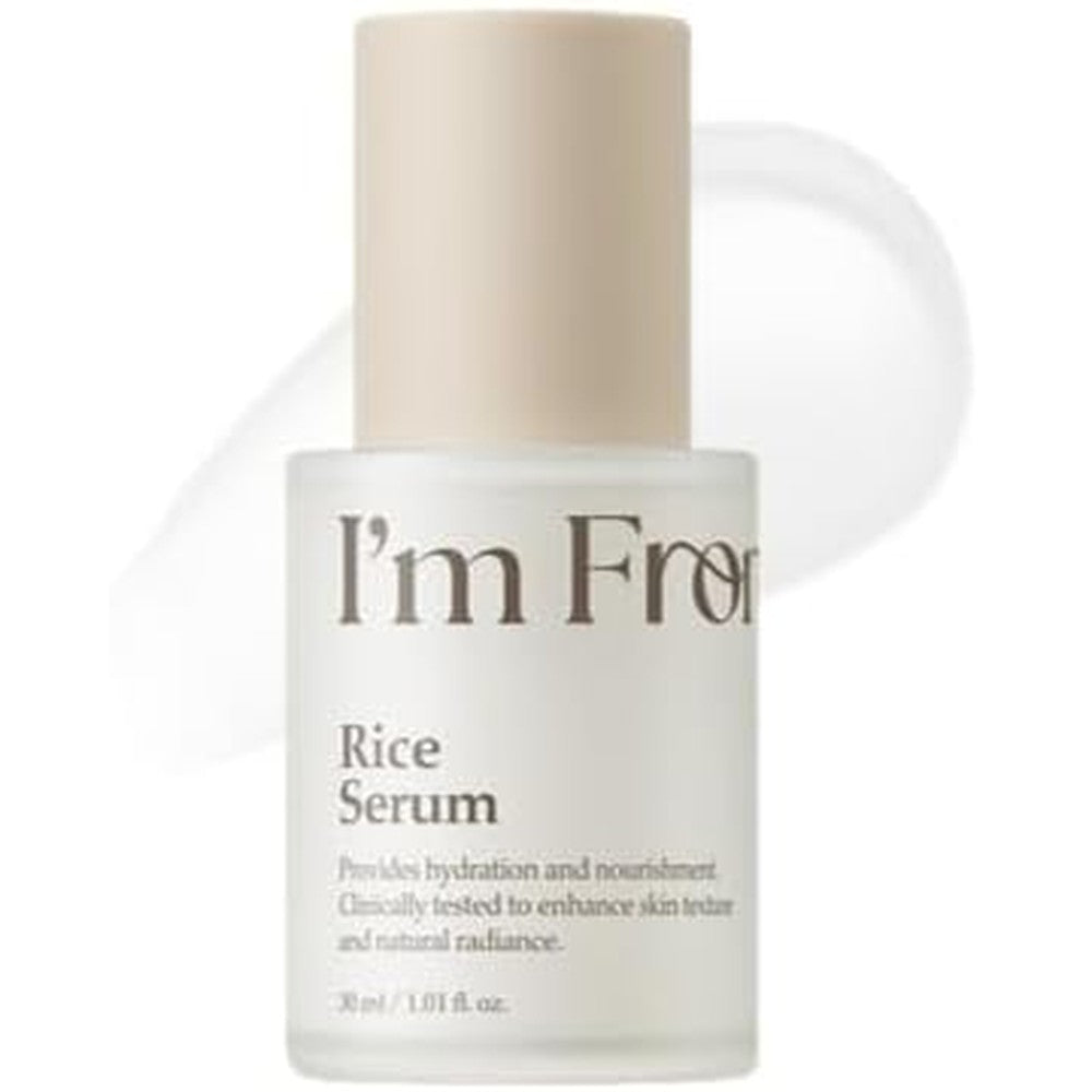 I'm From Rice Serum front view of the frosted glass bottle for Korean glass skin radiance.
