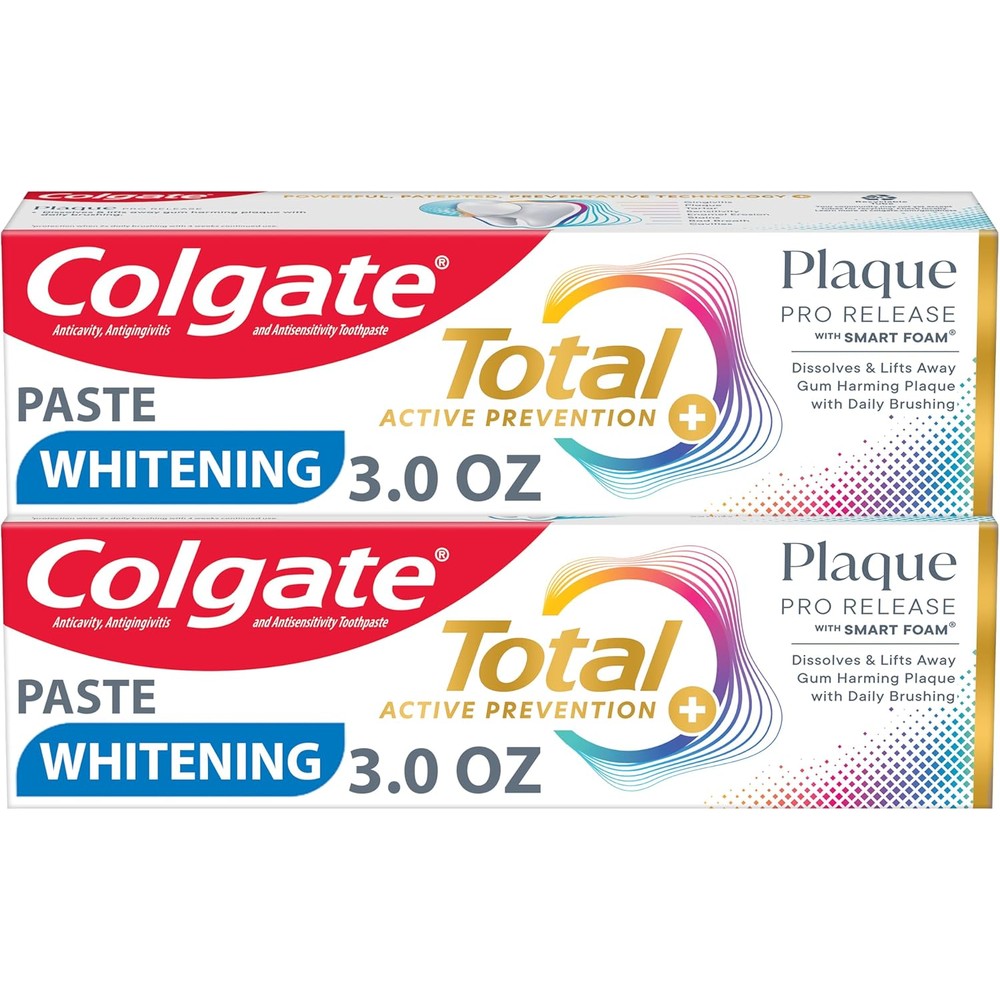 Colgate Total Plaque Pro Release Whitening Toothpaste two pack front view showcasing smart foam technology