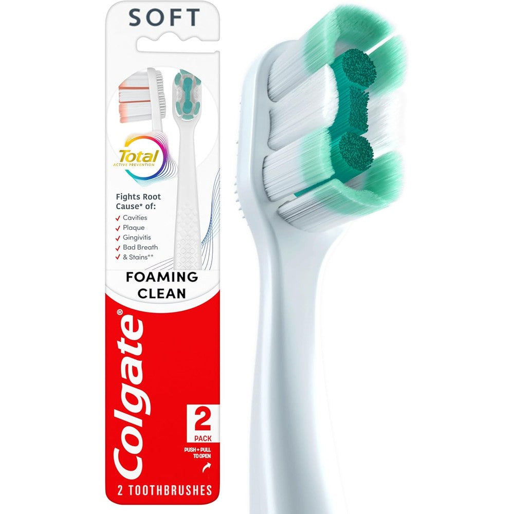 Colgate Total Active Prevention Foaming Clean Soft Toothbrush front view of the two pack packaging