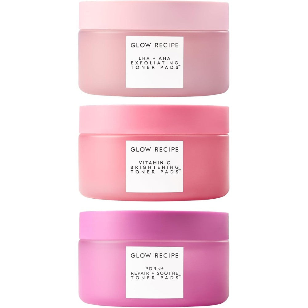 Glow Recipe Toner Pad Collection front view showcasing the three distinct skincare jars.