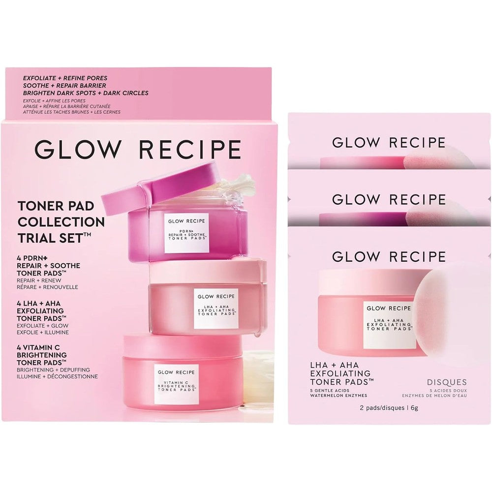 Glow Recipe Toner Pads Kit Trial Set front packaging showcasing the twelve sachet pieces for Korean facial treatment