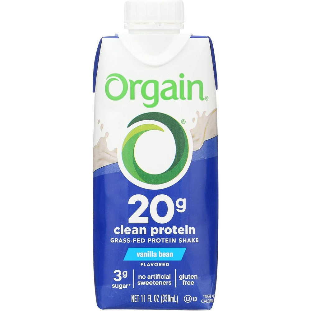 Orgain Whey Protein Shake Vanilla Bean front view bottle showing twenty grams protein
