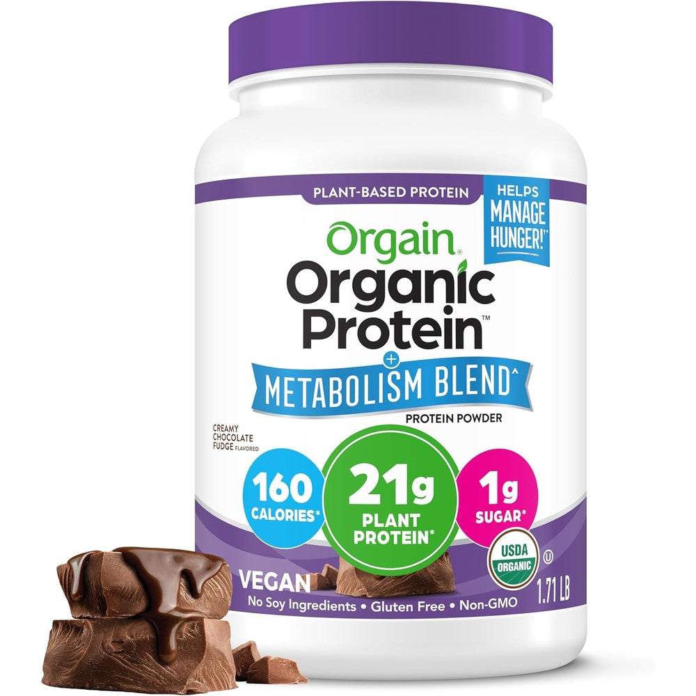 Orgain Organic Protein Plus Metabolism Blend Powder Chocolate Fudge front view premium plant supplement